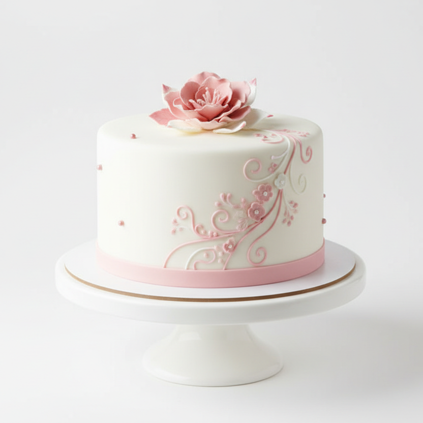 not too tall White and Pink One-Tier Fondant Birthday Cake – Simple Design